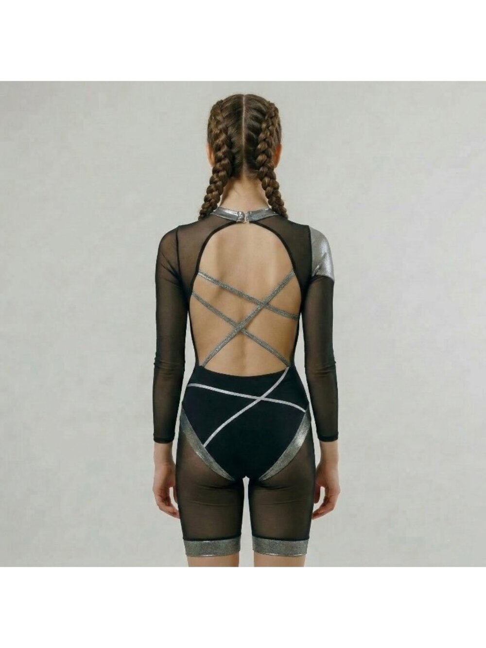 Girl's Custom Dance Costume Edgy Futuristic Black & Silver Unitard in size 12-14